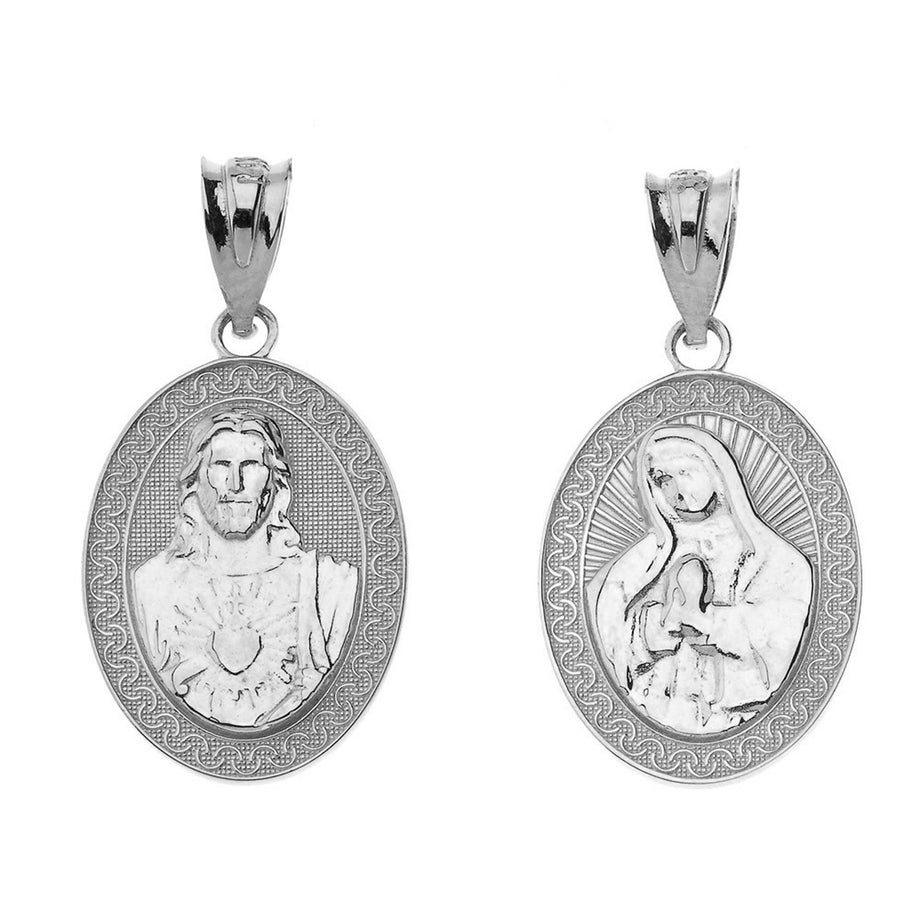 Reversible Virgin Mary and Jesus Christ Oval Pendant Necklace in Sterling Silver