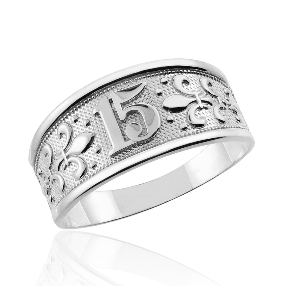 .925 Sterling Silver 15 Años Fleur-de-lis Quinceañera Textured Band Ring