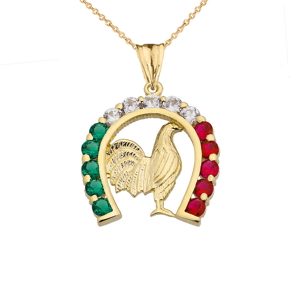 Solid Gold Mexican Horseshoe with Rooster Pendant Necklace (Available In Yellow/Rose/White Gold)