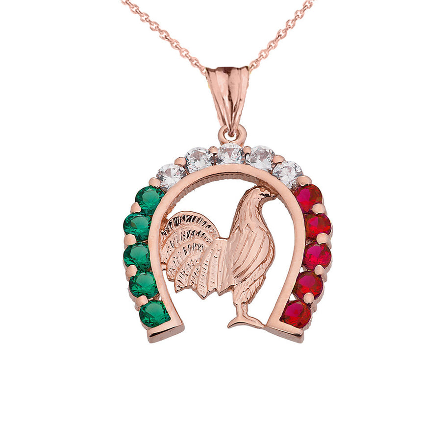 Solid Gold Mexican Horseshoe with Rooster Pendant Necklace (Available In Yellow/Rose/White Gold)