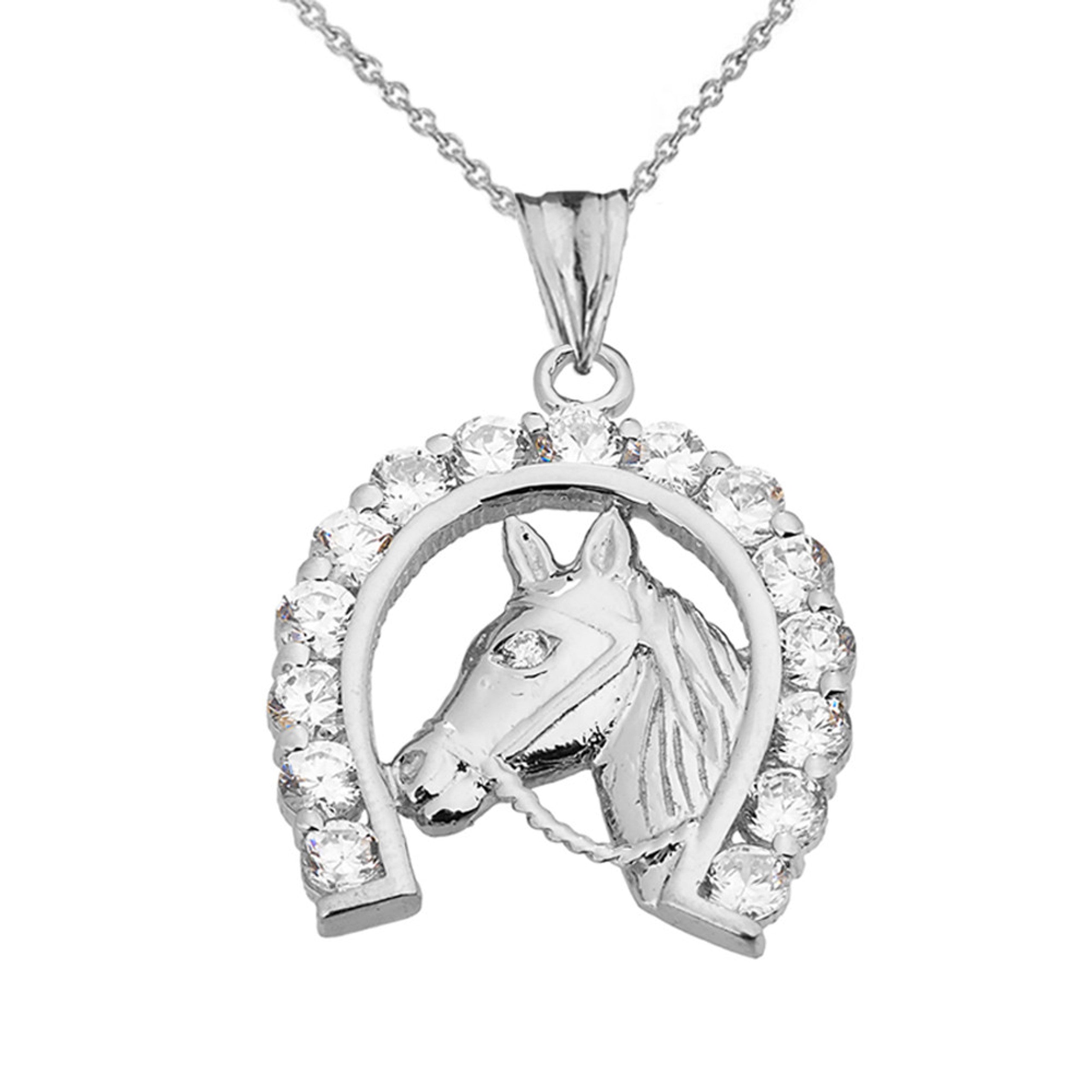 Solid Gold Lucky Horseshoe Statement Pendant Necklace With Cubic Zirconia (Available in Yellow/Rose/White Gold)