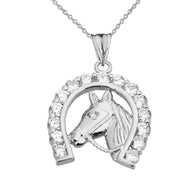 Solid Gold Lucky Horseshoe Statement Pendant Necklace With Cubic Zirconia (Available in Yellow/Rose/White Gold)