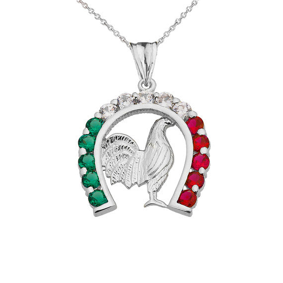 Mexican Horseshoe with Rooster Pendant Necklace in Sterling Silver