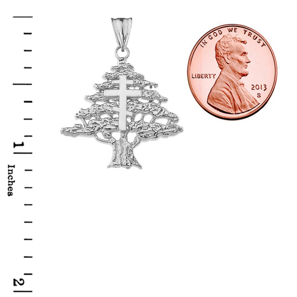 Lebanese Cedar Tree With Orthodox Cross Pendant Necklace In Sterling Silver