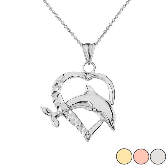 Heart Dolphin Love Pendant Necklace in Gold (Yellow/Rose/White)