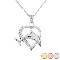 Heart Dolphin Love Pendant Necklace in Gold (Yellow/Rose/White)