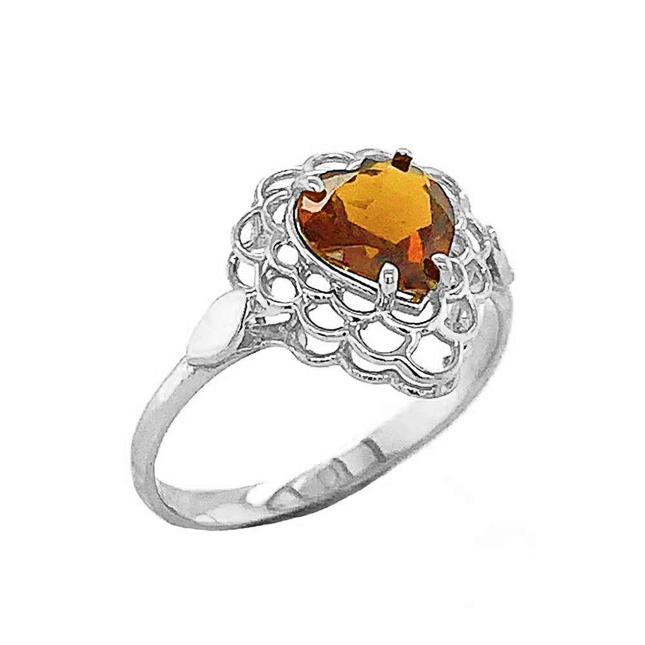 .925 Sterling Silver Filigree Heart Cut Genuine Citrine Gemstone Ring