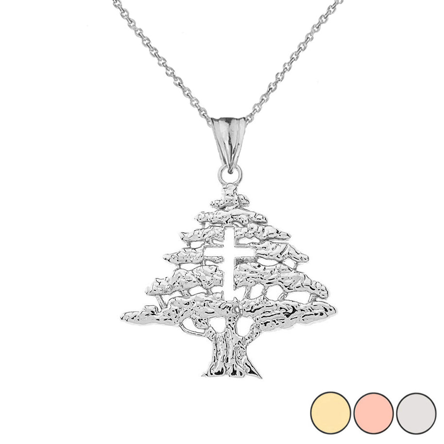 Solid Gold Lebanese Cedar Tree With Cut out Cross Pendant Necklace(Available in Yellow/Rose/White Gold)