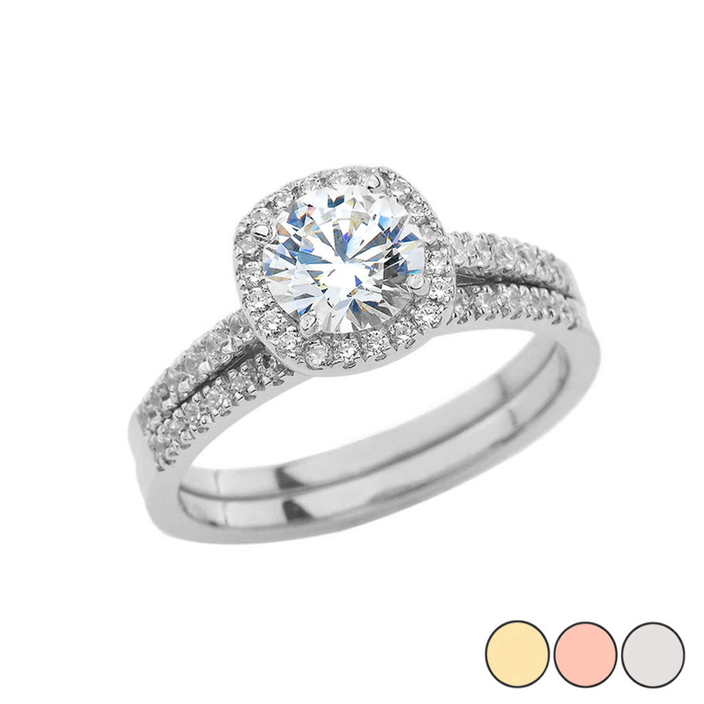 Gold CZ Halo Engagement Band Ring Set (Available in Yellow/Rose/White Gold)
