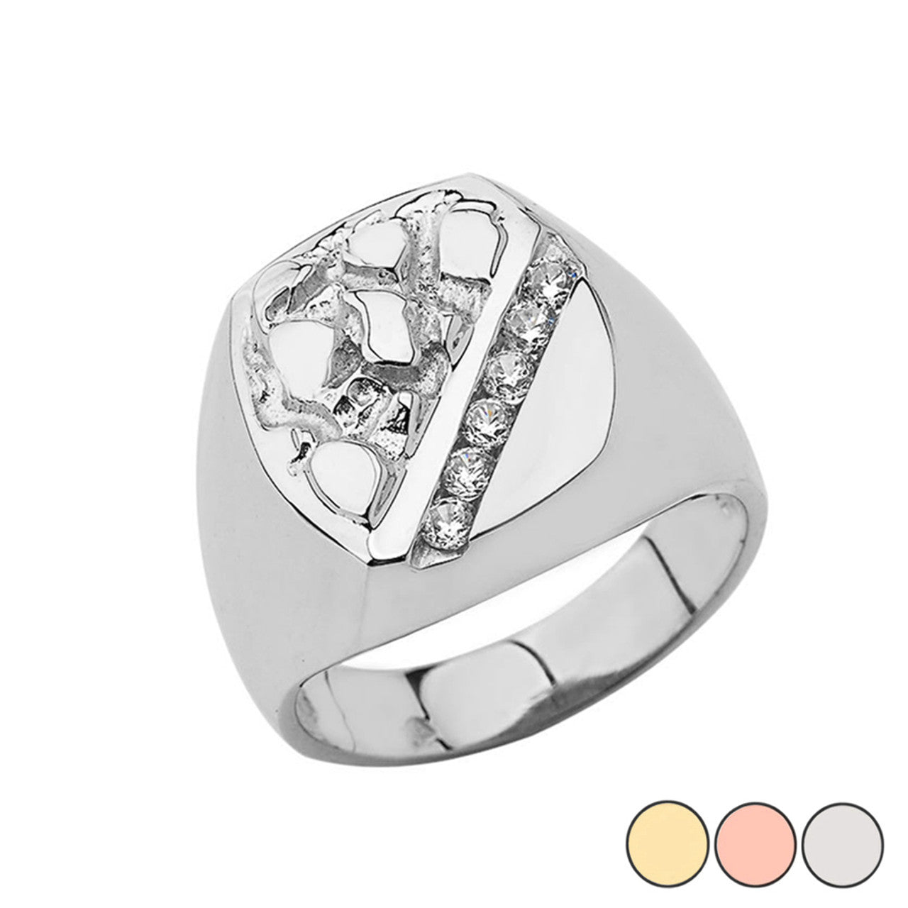 Gold Men's Cubic Zirconia Nugget Striped Signet Ring (Available in Yellow/Rose/White Gold)