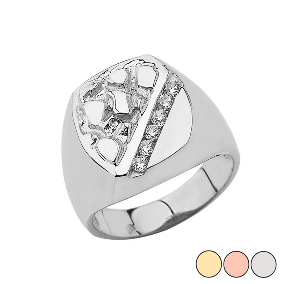 Gold Men's Cubic Zirconia Nugget Striped Signet Ring (Available in Yellow/Rose/White Gold)