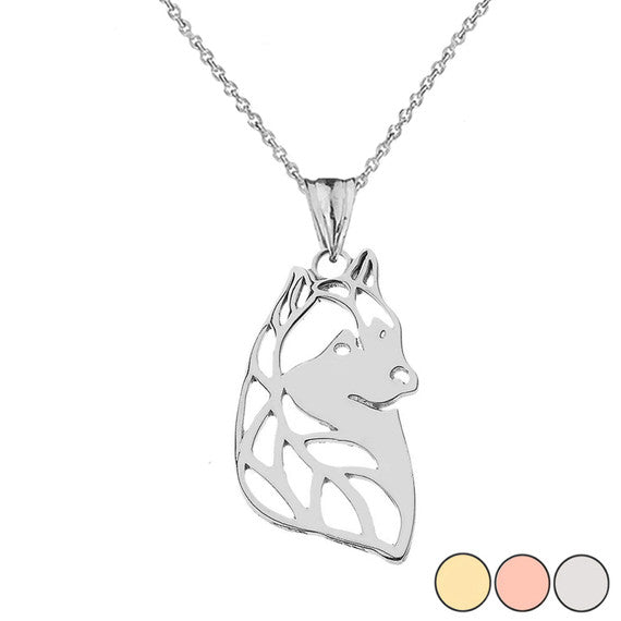 Gold Alaskan Husky Cutout Silhouette Pendant Necklace (Available in Yellow/Rose/White)