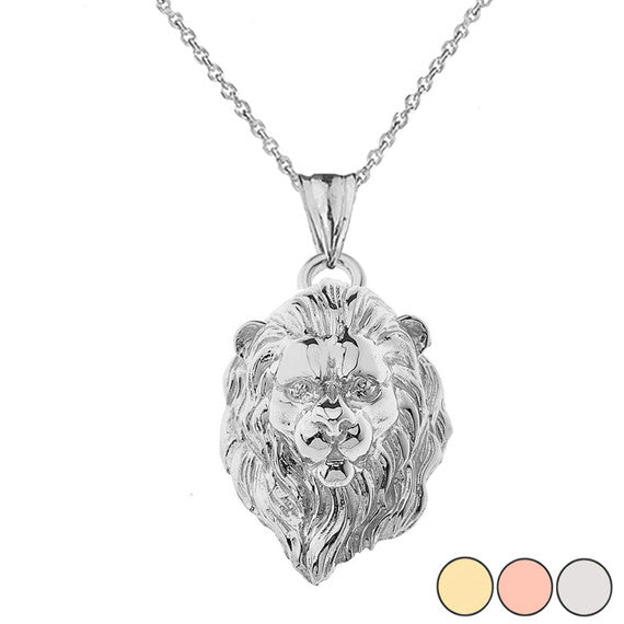 Solid Gold Lion Head Pendant Necklace In (Yellow/Rose/White)