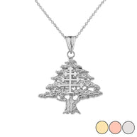 Gold Lebanese Cedar Tree With Maronite Cross Pendant Necklace (Available in Yellow/Rose/White)