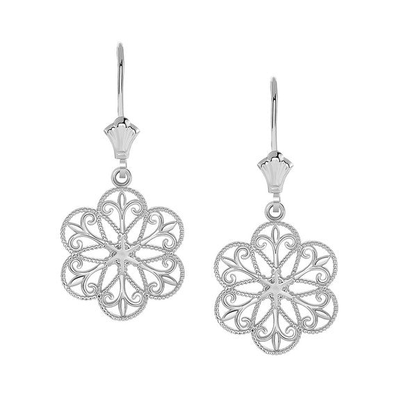 Gold Milgrain Filigree Flower Leverback Earrings (Available in Yellow/Rose/White Gold)