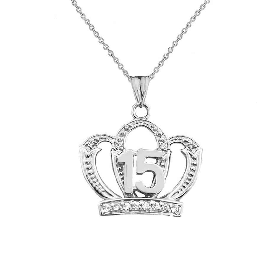 .925 Sterling Silver Cubic Zirconia Crown 15 Años Quinceañera Textured Pendant Necklace