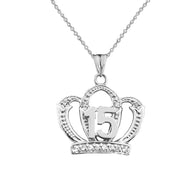 .925 Sterling Silver Cubic Zirconia Crown 15 Años Quinceañera Textured Pendant Necklace
