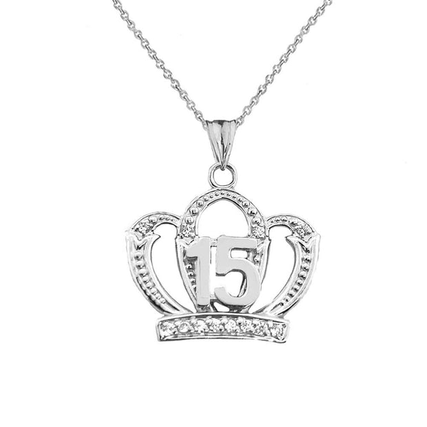 .925 Sterling Silver Cubic Zirconia Crown 15 Años Quinceañera Textured Pendant Necklace
