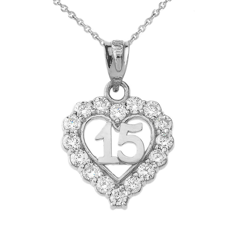 .925 Sterling Silver Cubic Zirconia Heart 15 Años Quinceañera Pendant Necklace
