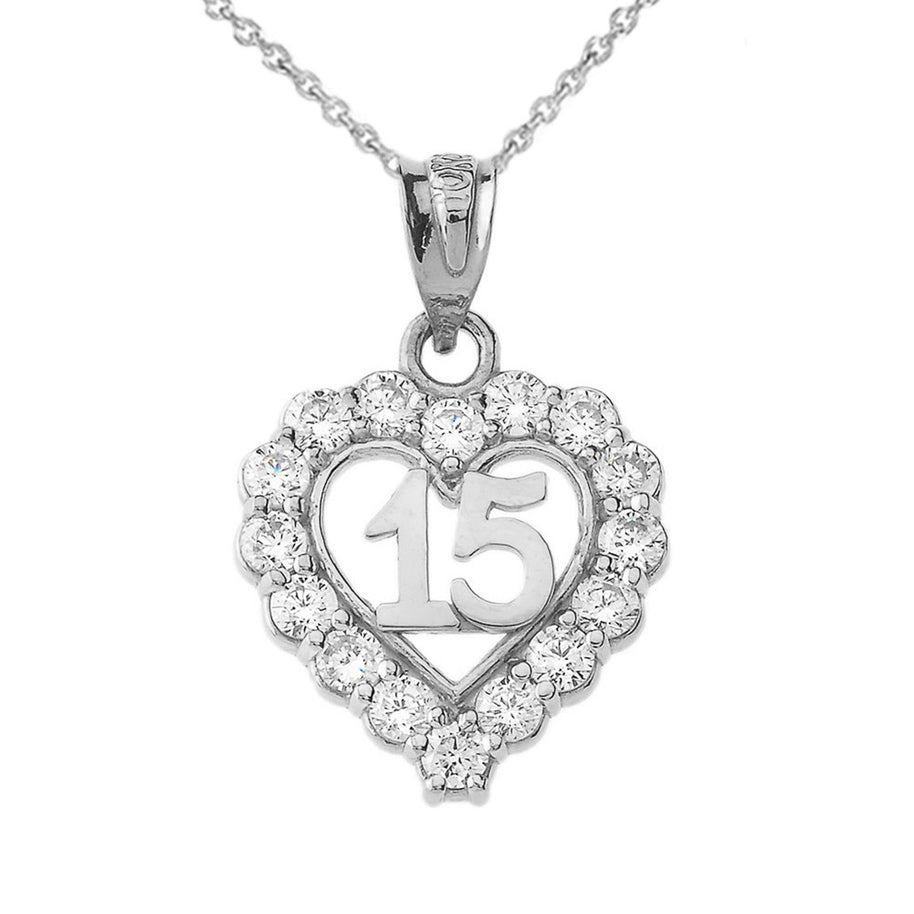 .925 Sterling Silver Cubic Zirconia Heart 15 Años Quinceañera Pendant Necklace