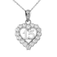 Silver 15 Años Quinceañera Heart Pendant Necklace with Cubic Zirconia