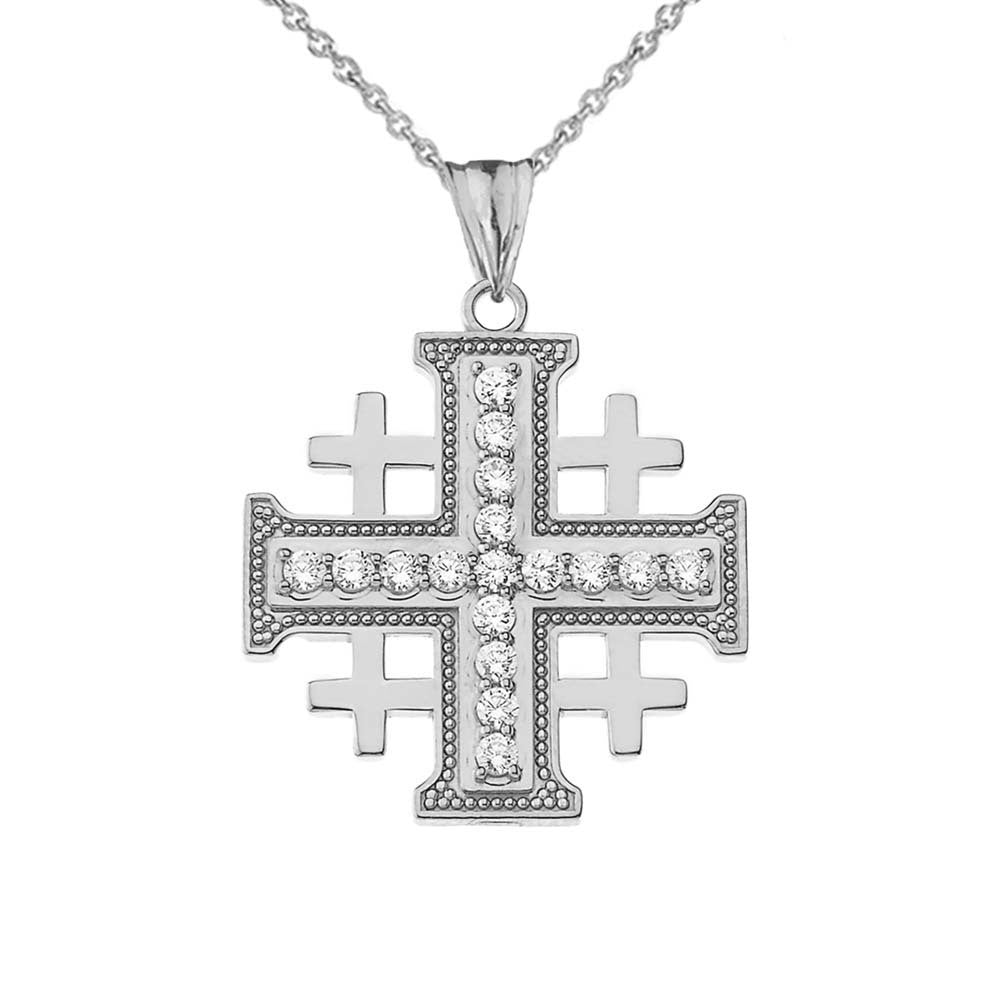 Gold Cubic Zirconia Jerusalem Cross Pendant Necklace (Available in Yellow/Rose/White Gold)