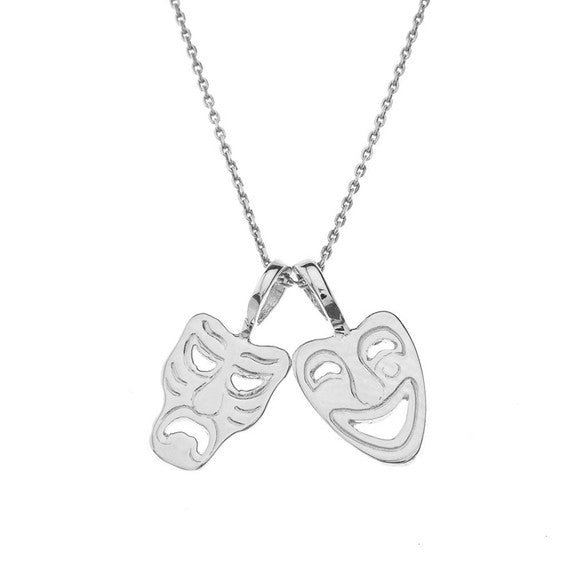 Sterling Silver Comedy & Tragedy Masks (Sock & Buskin) Pendant Necklace