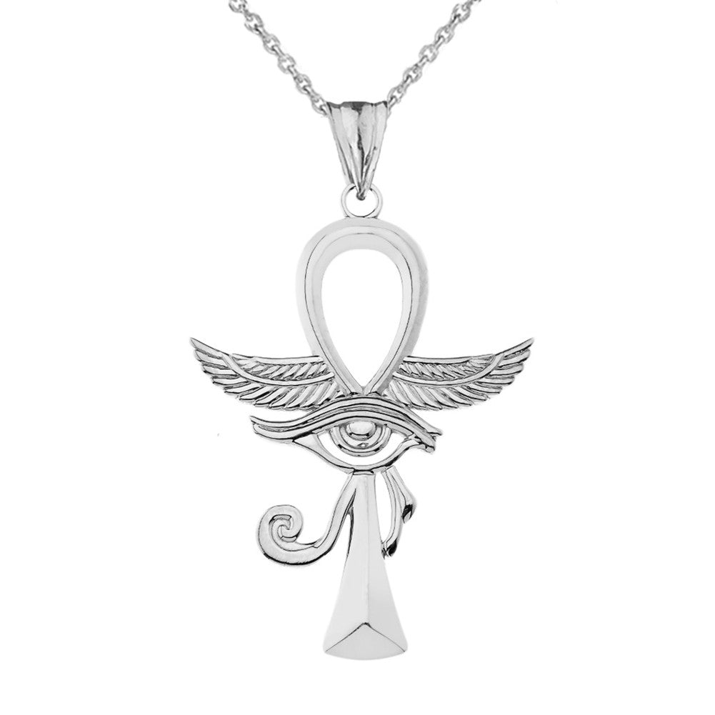 Gold Egyptian Winged Ankh Cross Eye of Horus Pendant Necklace (Available in Yellow/Rose/White Gold)