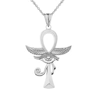 Gold Egyptian Winged Ankh Cross Eye of Horus Pendant Necklace (Available in Yellow/Rose/White Gold)