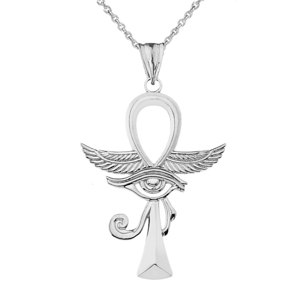 .925 Sterling Silver Egyptian Winged Ankh Cross Eye of Horus Pendant Necklace