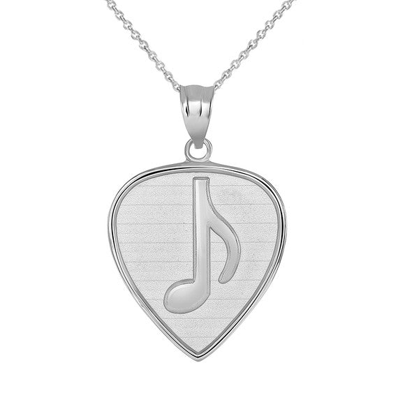 Guitar Pick with Engraved Music Note Pendant Necklace in Sterling Silver