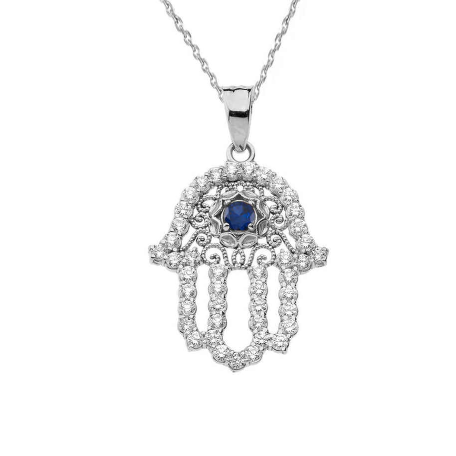 .925 Sterling Silver Studded Hamsa Hand Evil Eye Filigree Pendant Necklace