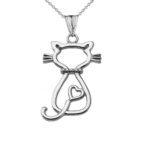 Openwork Diamond Cat Pendant Necklace in Sterling Silver
