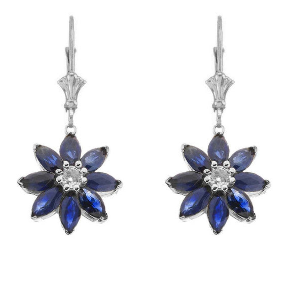 14k Gold Genuine Sapphire and Diamond Daisy Leverback Earrings (Available in Yellow/Rose/White Gold)