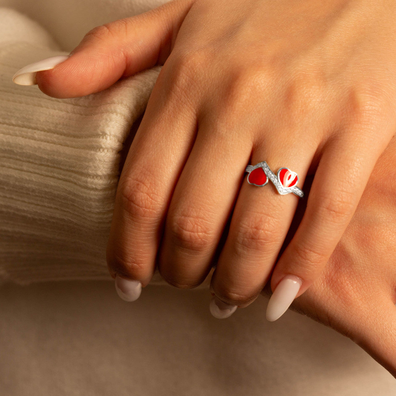 .925 Sterling Silver Enamel Heart Cubic Zirconia Band Ring