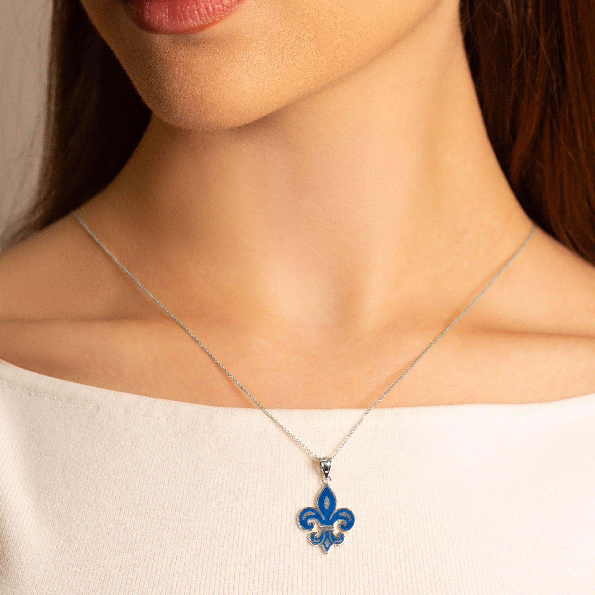 .925 Sterling Silver Blue Enamel French Fleur-de-lis Pendant Necklace