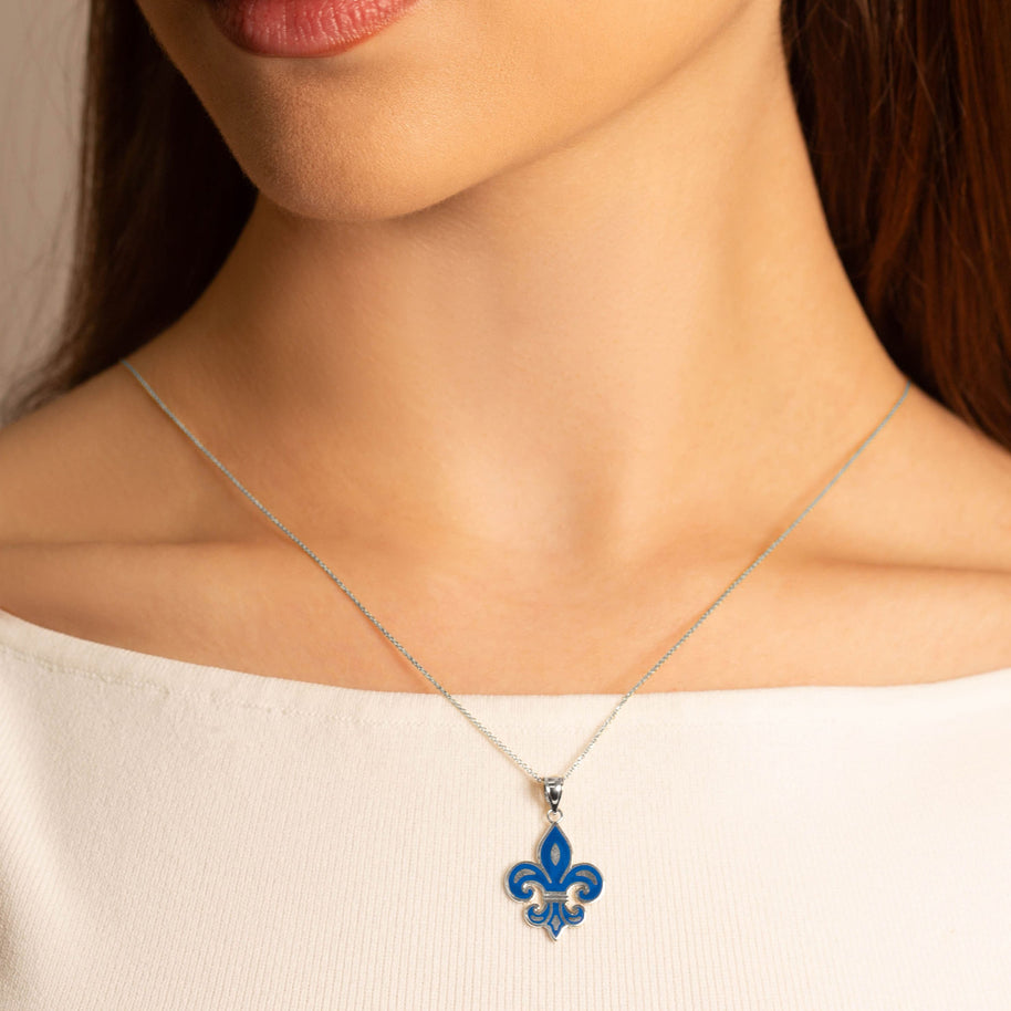 .925 Sterling Silver Blue Enamel French Fleur-de-lis Pendant Necklace