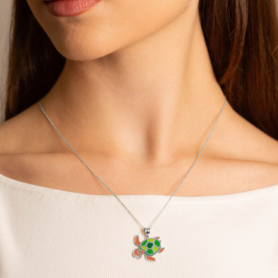 .925 Sterling Silver Enamel Sea Turtle Marine Pendant Necklace