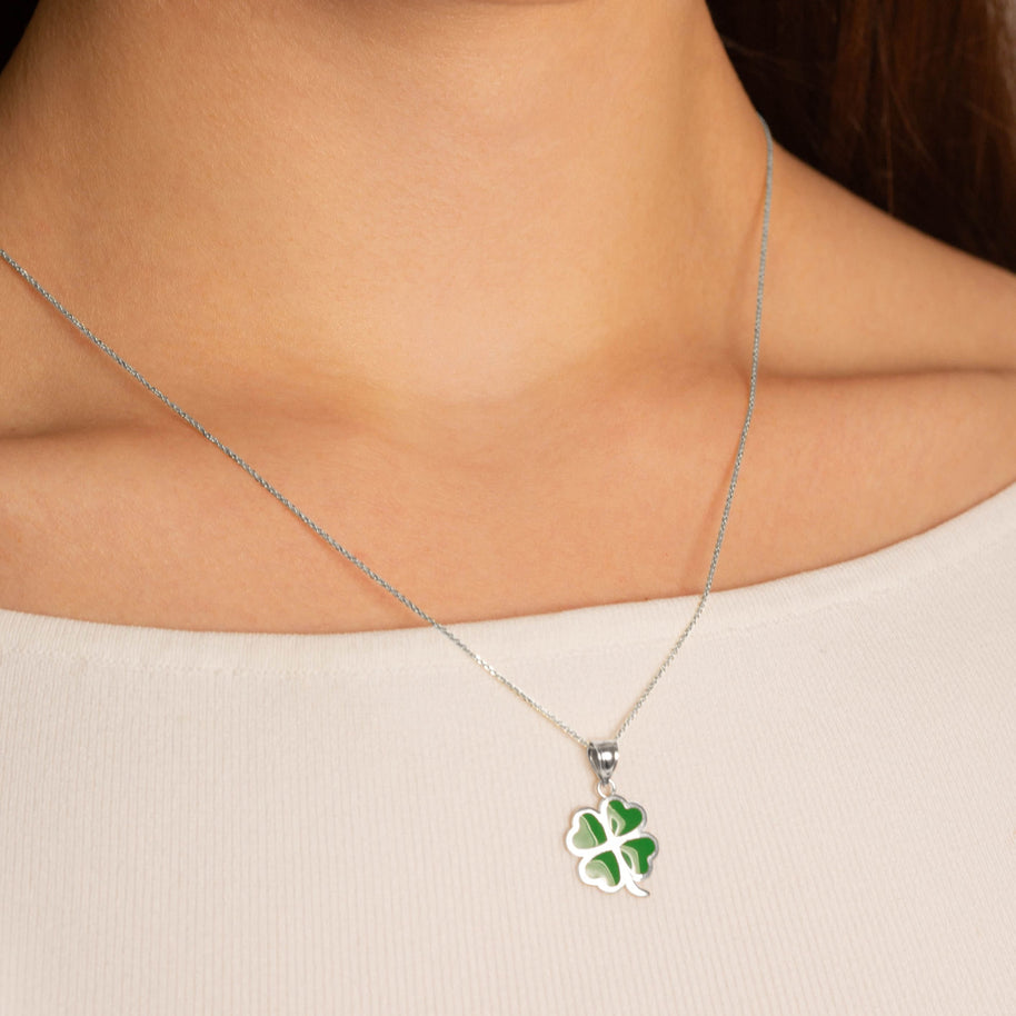 .925 Sterling Silver Green Enamel Lucky 4 Leaf Clover Heart Pendant Necklace