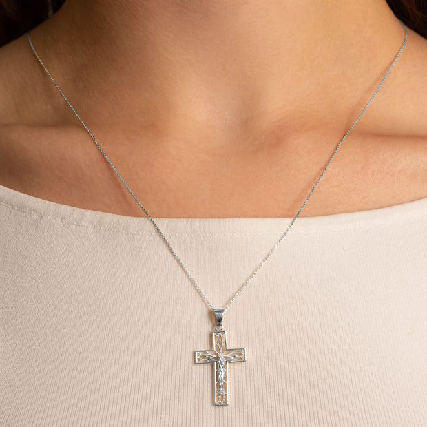 .925 Sterling Silver Filigree Cross Crucifix Faith Pendant Necklace