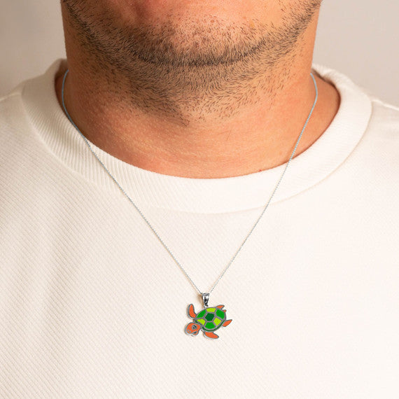 .925 Sterling Silver Enamel Sea Turtle Marine Pendant Necklace