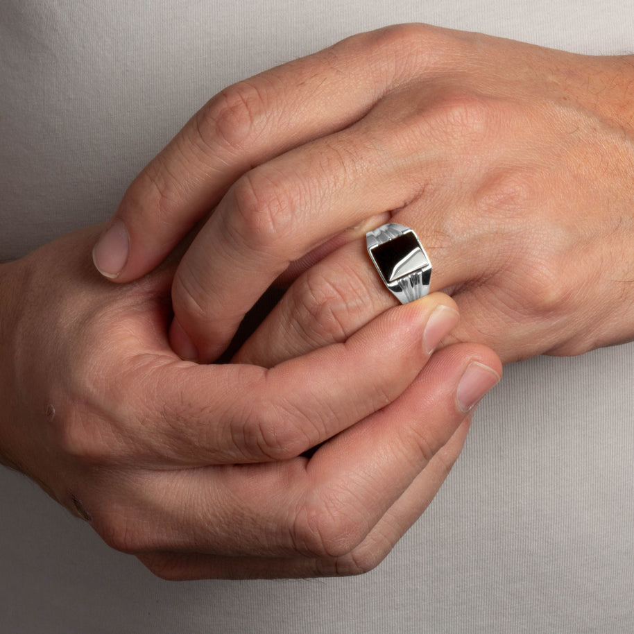 .925 Sterling Silver Emerald Cut Black Onyx Gemstone Signet Ring