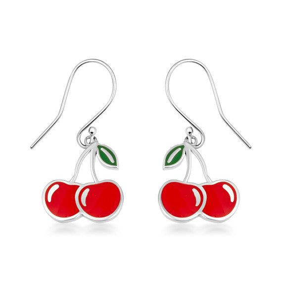 .925 Sterling Silver Red Enamel Cherry Fruit Hook Earrings