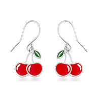 .925 Sterling Silver Red Enamel Cherry Fruit Hook Earrings