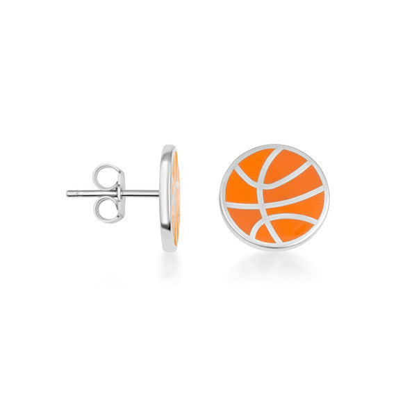 .925 Sterling Silver Orange Enamel Basketball Sports Stud Earrings