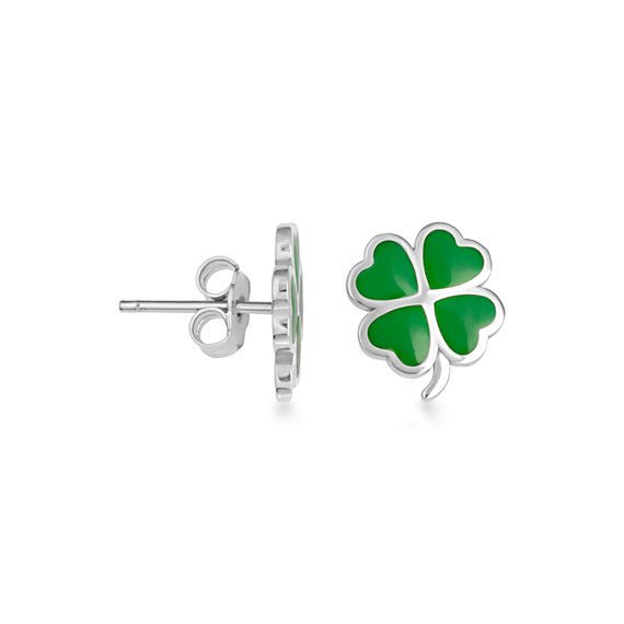 .925 Sterling Silver Green Enamel 4 Leaf Clover Stud Earrings