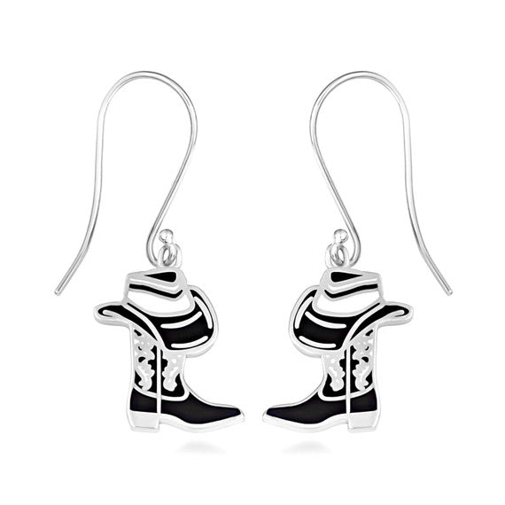 .925 Sterling Silver Enamel Cowboy Hat Boots Western Leverback Earrings