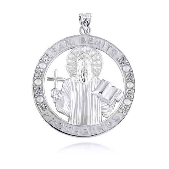.925 Sterling Silver Cubic Zirconia Patron Saint Benedict Medal Round Pendant Necklace