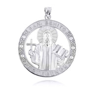 .925 Sterling Silver Cubic Zirconia Patron Saint Benedict Medal Round Pendant Necklace