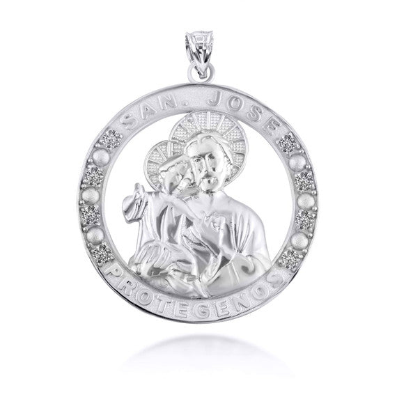 925 Sterling Silver Cubic Zirconia Patron Saint Joseph Baby Jesus Pendant Necklace